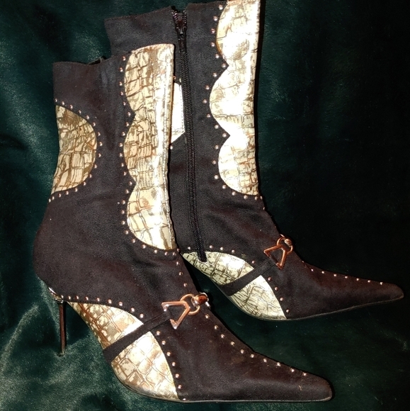 NEW MIDNIGHT VELVET BLACK/GOLD CALF BOOTS SHOES SIZE 11 - Picture 2 of 6